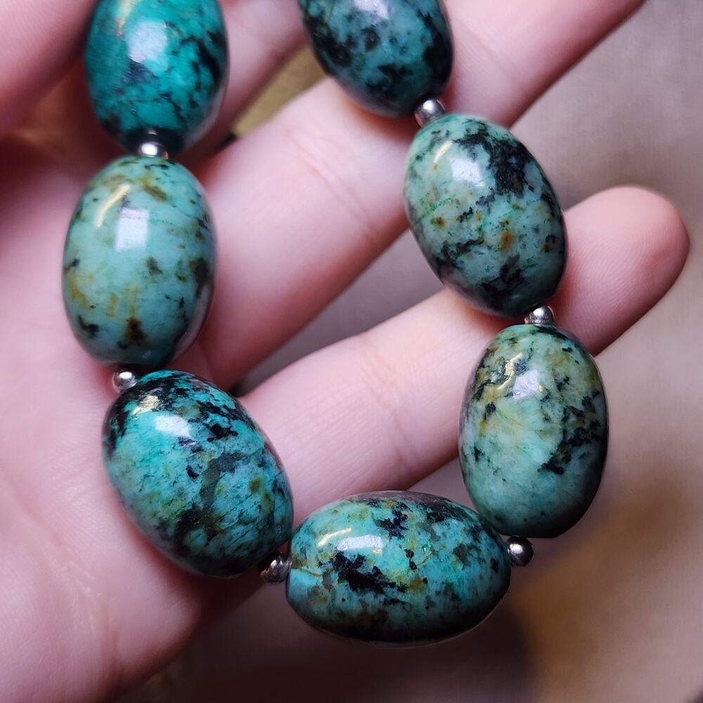 African Turquoise Jasper Necklace Oval Beaded Gemstone Sterling Silver Southwest - Picture 11 of 11